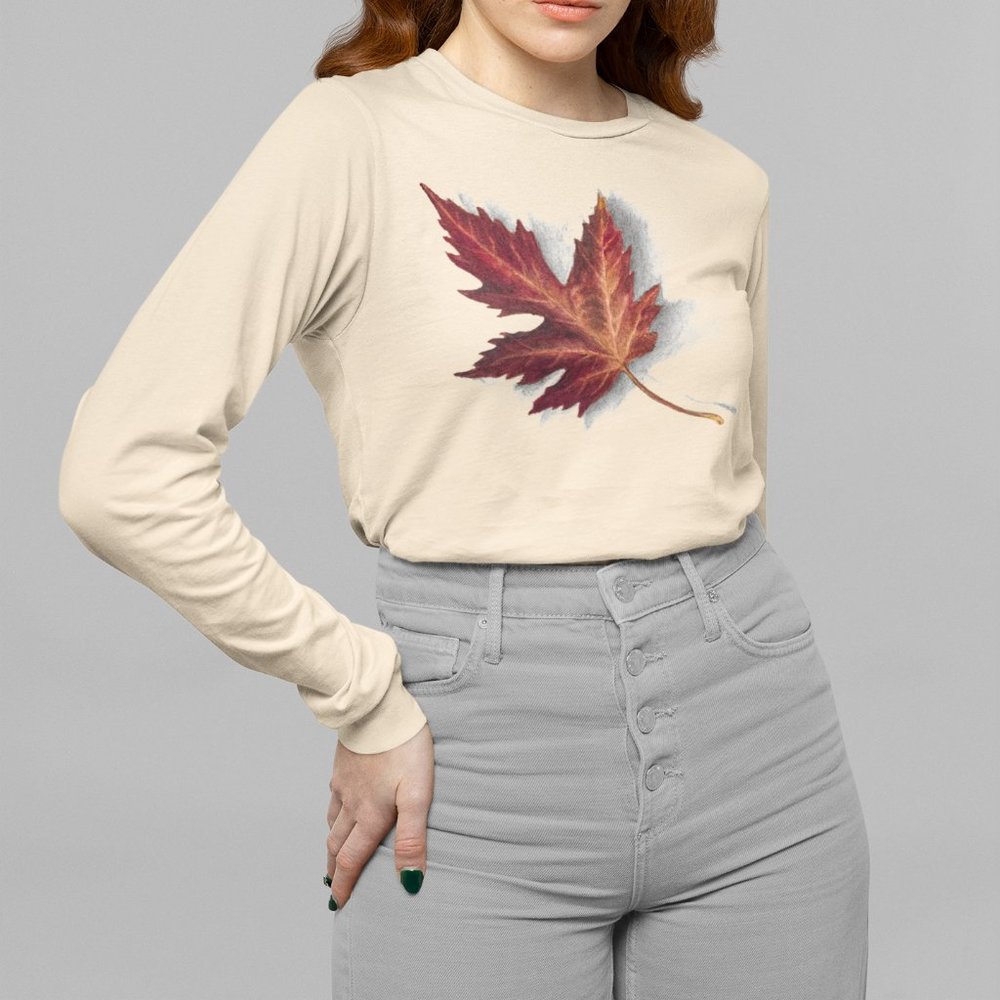 Fall Maple Leaf Vintage Botanical Print Long Sleeve Graphic Tee T-shirt S M L XL
